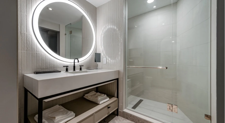 Modern bathroom with a circular LED mirror, spacious shower, and sophisticated decor