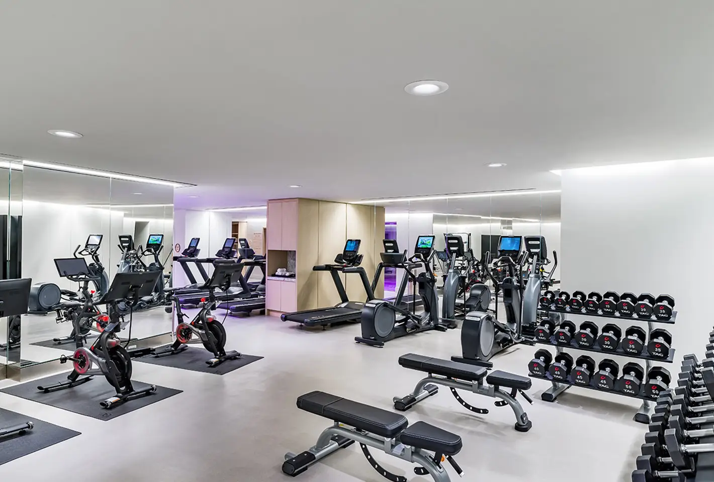 Bright gym with exercise machines, treadmills, and a weight section under modern ceiling lighting