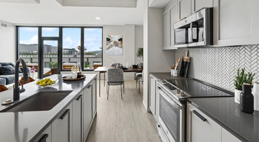 Modern kitchen with sleek cabinetry, black countertops, and vibrant natural light