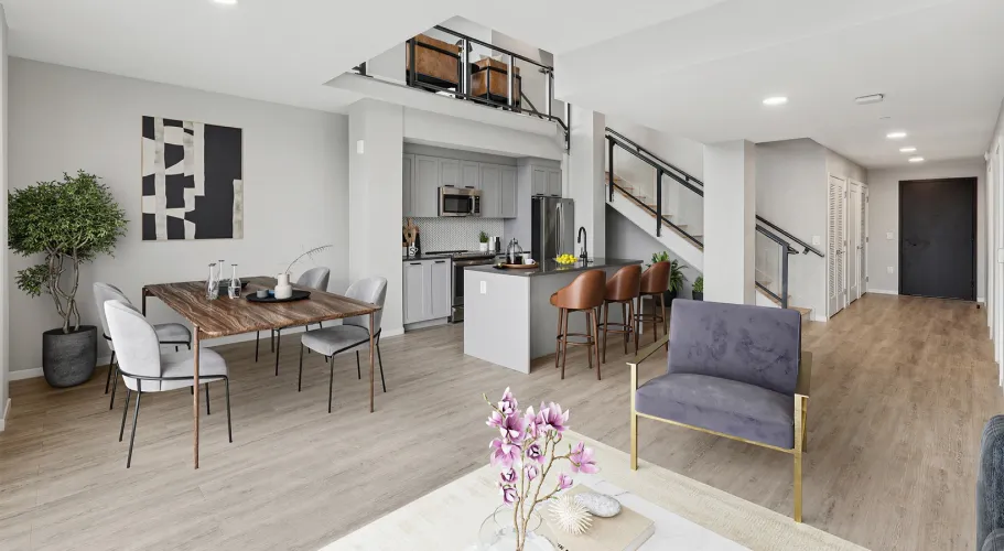 Spacious loft apartment with an open-concept kitchen, dining area, and cozy living space