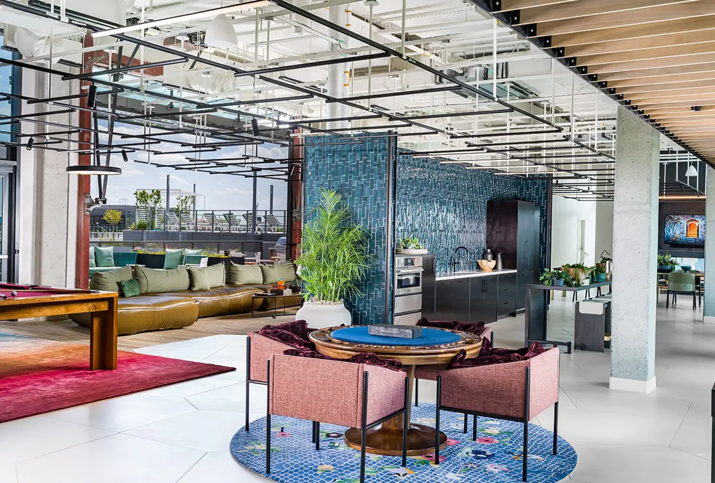 Elegant living area with open-plan design and striking architectural features