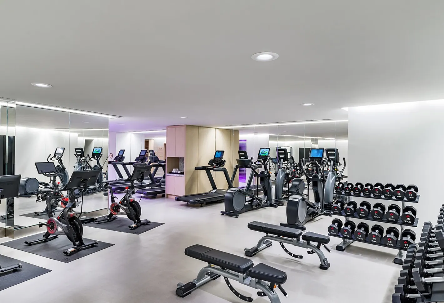 Fully-equipped gym featuring cardio machines, weightlifting equipment, and mirrored walls